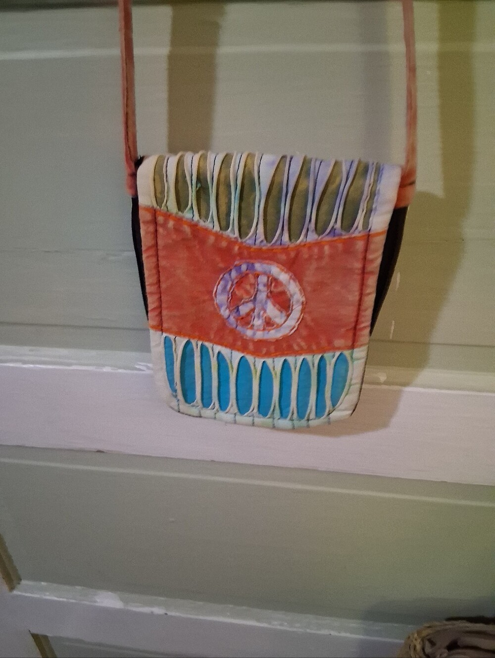 Handcrafted Peace Sign Crossbody Bag in Coral and Aqua